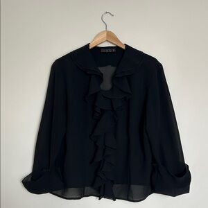 ☀️ Vintage Y2K Black Sheer 3/4 Sleeves Ruffled Round Collar Button-Down Shirt